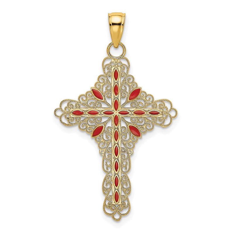 14 Karat Gelbgold Filigran-Kreuz-Charm mit roter Emaille