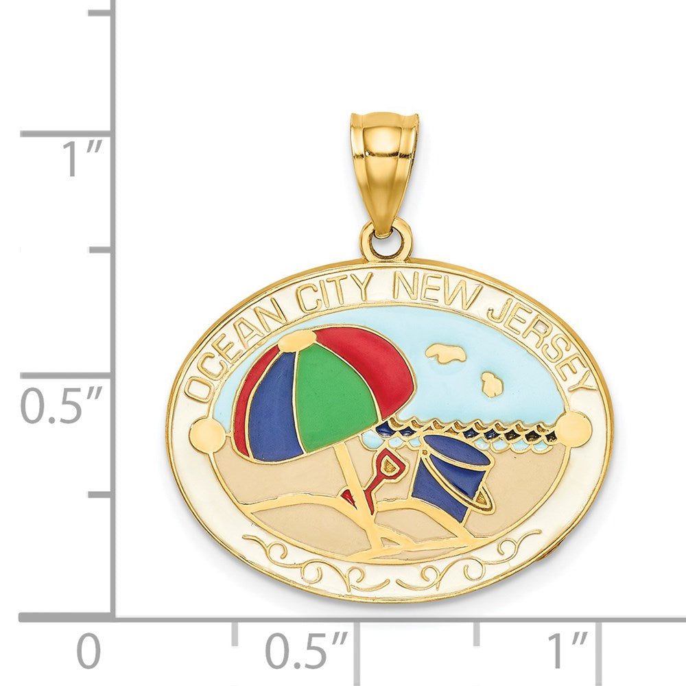14 Karat Gelbgold Charm „OCEAN CITY NEW JERSEY“ mit mehrfarbigem Emaille-Strand-Design