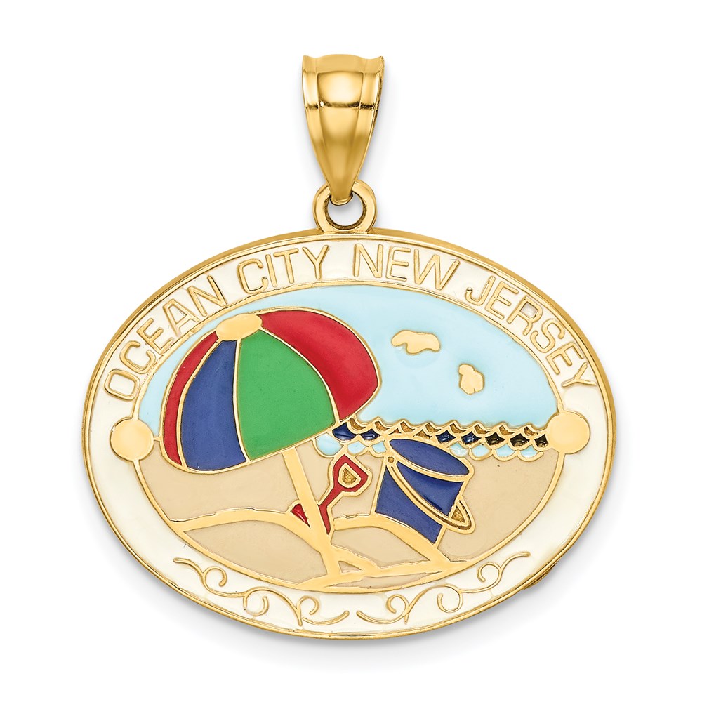 14 Karat Gelbgold Charm „OCEAN CITY NEW JERSEY“ mit mehrfarbigem Emaille-Strand-Design