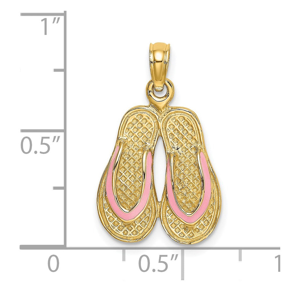 14K Gelbgold 3D-Doppel-Flipflop-Charm mit rosa Emaille