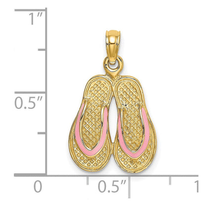 14K Gelbgold 3D-Doppel-Flipflop-Charm mit rosa Emaille