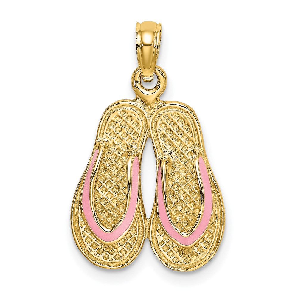 14K Gelbgold 3D-Doppel-Flipflop-Charm mit rosa Emaille