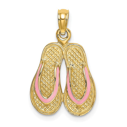 14K Gelbgold 3D-Doppel-Flipflop-Charm mit rosa Emaille