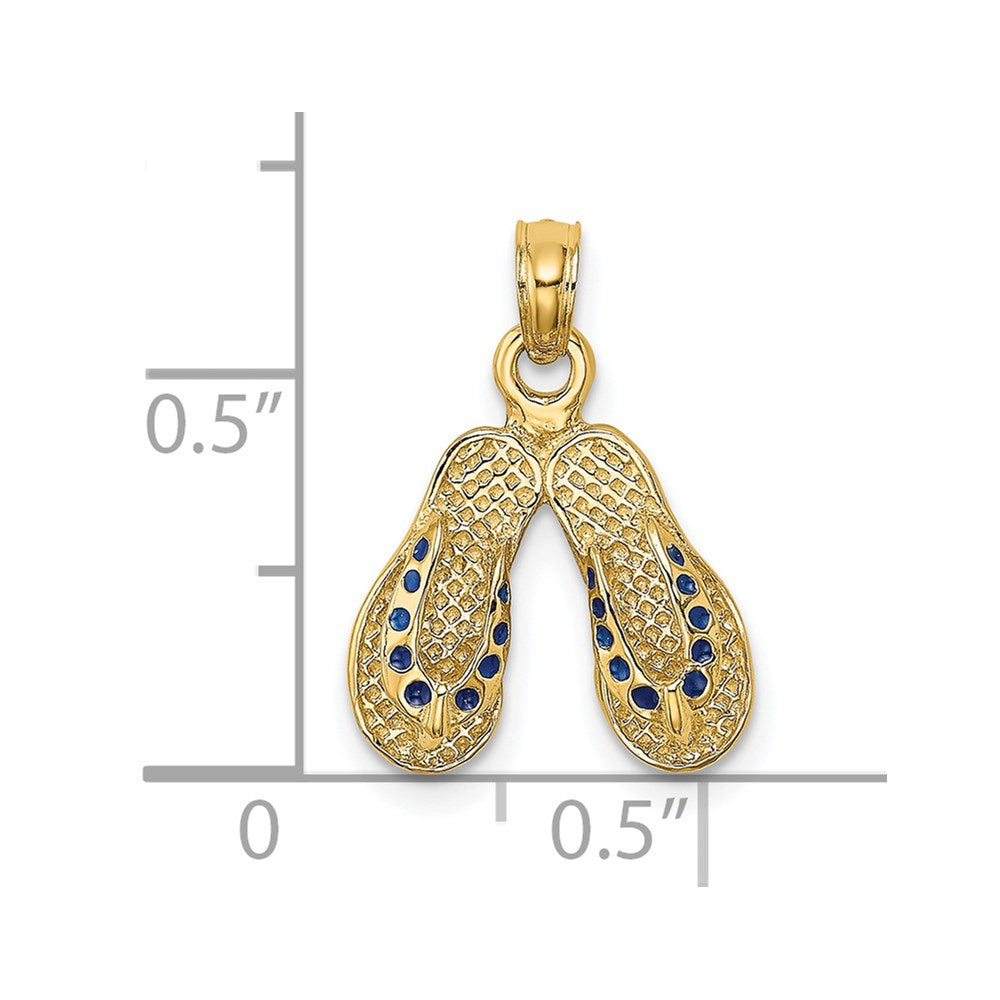 14K Gelbgold 3D-Charm doppelte Flip-Flops mit blau gepunkteter Emaille