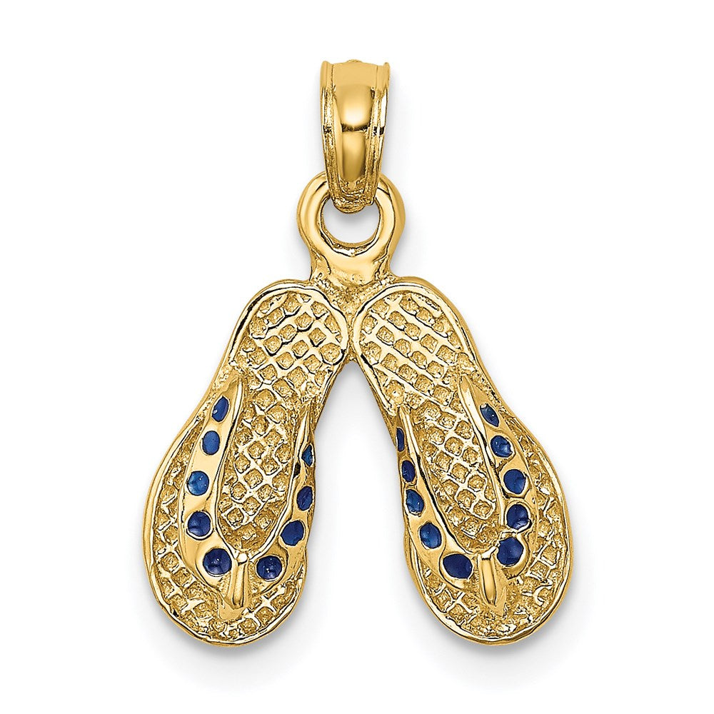 14K Gelbgold 3D-Charm doppelte Flip-Flops mit blau gepunkteter Emaille