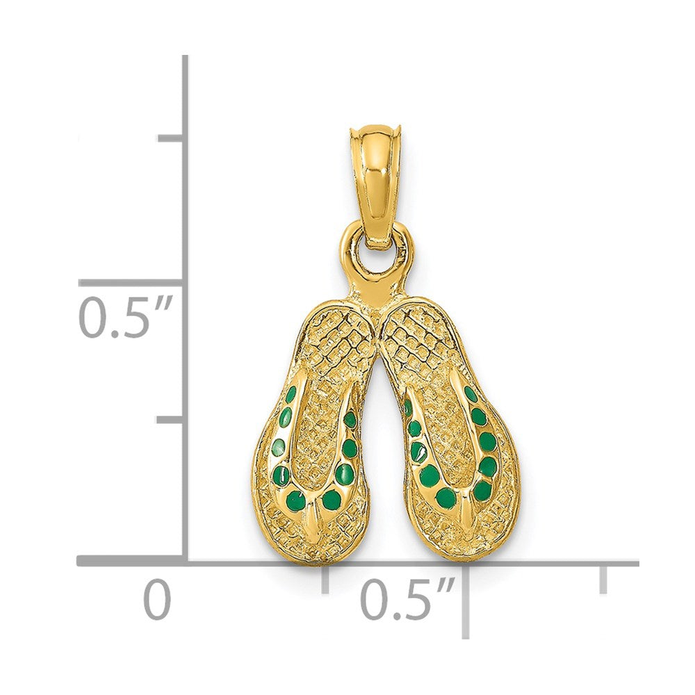 14K Gelbgold 3D-Charm „Doppelter Flip-Flop“ mit grüner Emaille