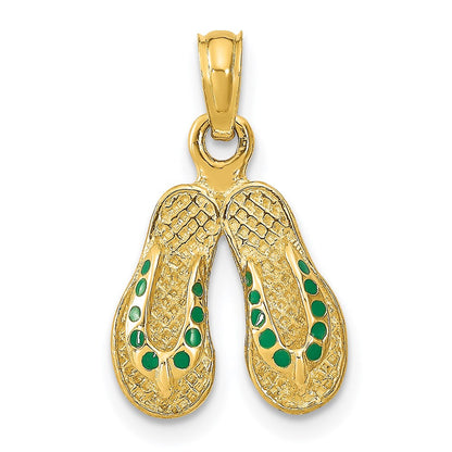 14K Gelbgold 3D-Charm „Doppelter Flip-Flop“ mit grüner Emaille