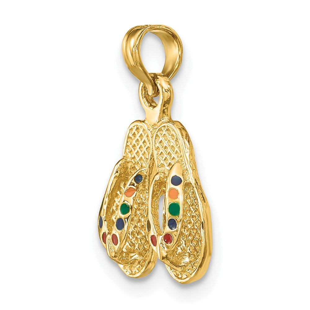 14K Gelbgold 3D-Charm doppeltes Flip-Flop-Paar mit mehrfarbigem Emaille