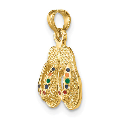 14K Gelbgold 3D-Charm doppeltes Flip-Flop-Paar mit mehrfarbigem Emaille