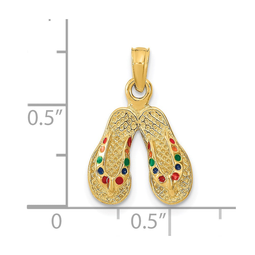 14K Gelbgold 3D-Charm doppeltes Flip-Flop-Paar mit mehrfarbigem Emaille