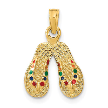 14K Gelbgold 3D-Charm doppeltes Flip-Flop-Paar mit mehrfarbigem Emaille