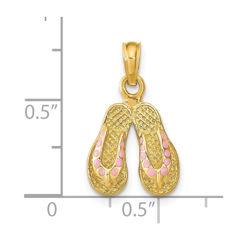 14K Gelbgold 3D Doppel-Flip-Flop-Charm mit rosa Emaille