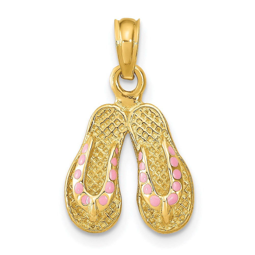 14K Gelbgold 3D Doppel-Flip-Flop-Charm mit rosa Emaille