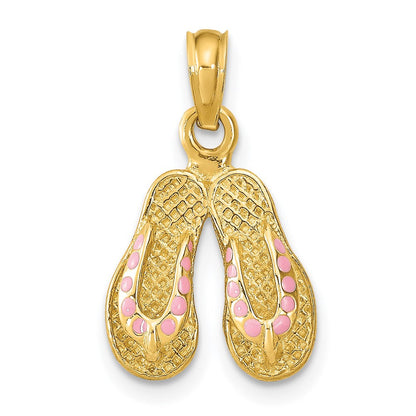 14K Gelbgold 3D Doppel-Flip-Flop-Charm mit rosa Emaille