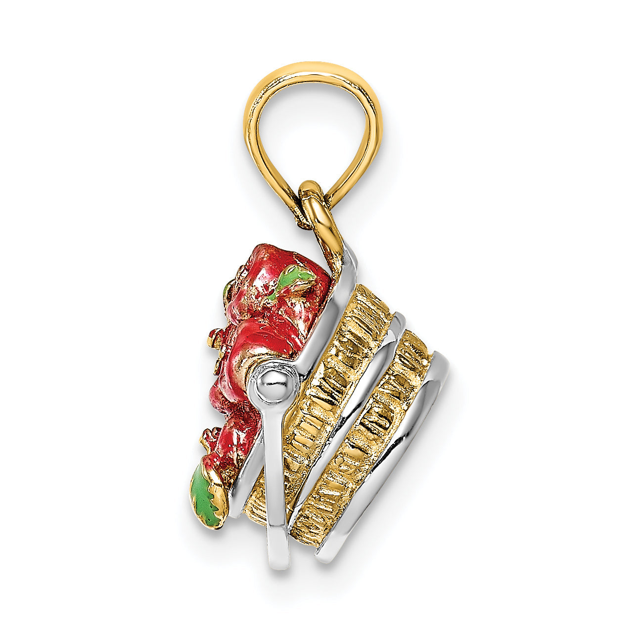 14K Gelb & Rhodium mit Weiß 3-d Emaille Apple Korb