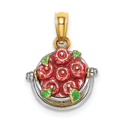14K Gelb & Rhodium mit Weiß 3-d Emaille Apple Korb