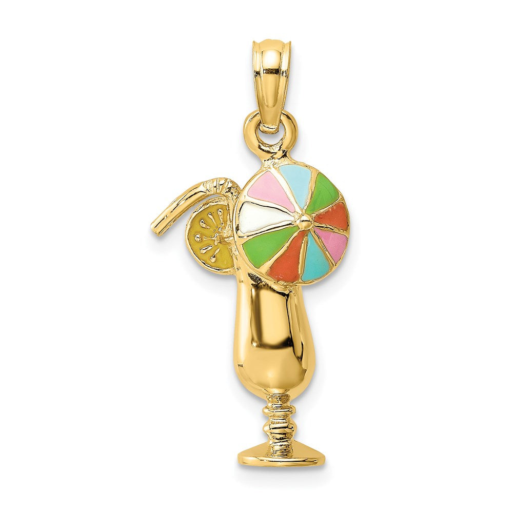 14K Gelbgold Charm „Tropisches Getränk“ mit mehrfarbigem Emaille-Schirmchen