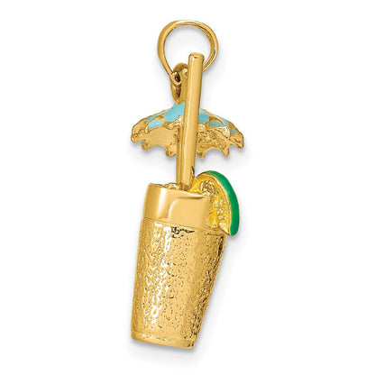 14 Karat Gelbgold 3D-Cocktail-Charm mit Emaille-Schirmchen und Limette