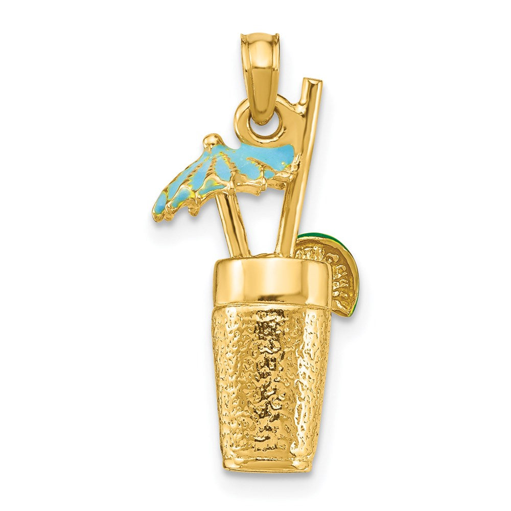 14 Karat Gelbgold 3D-Cocktail-Charm mit Emaille-Schirmchen und Limette