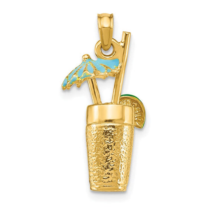 14 Karat Gelbgold 3D-Cocktail-Charm mit Emaille-Schirmchen und Limette
