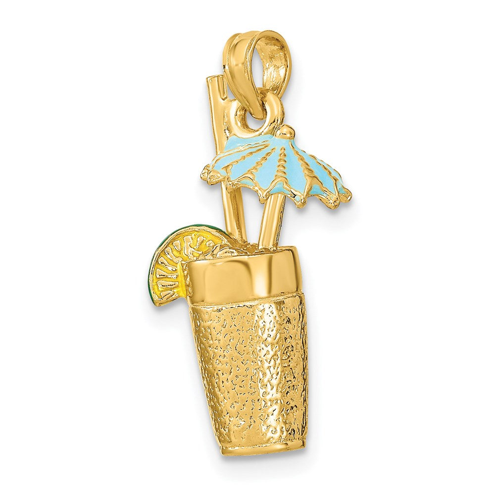 14 Karat Gelbgold 3D-Cocktail-Charm mit Emaille-Schirmchen und Limette