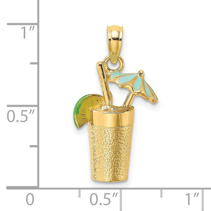 14 Karat Gelbgold 3D-Cocktail-Charm mit Emaille-Schirmchen und Limette