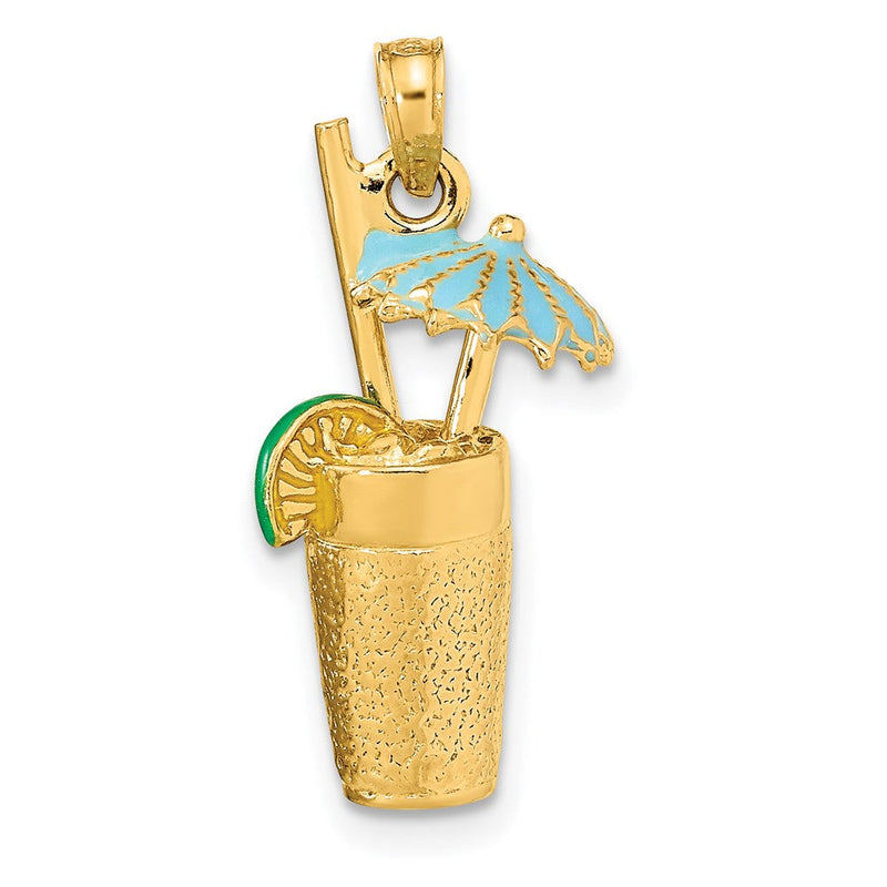 14 Karat Gelbgold 3D-Cocktail-Charm mit Emaille-Schirmchen und Limette
