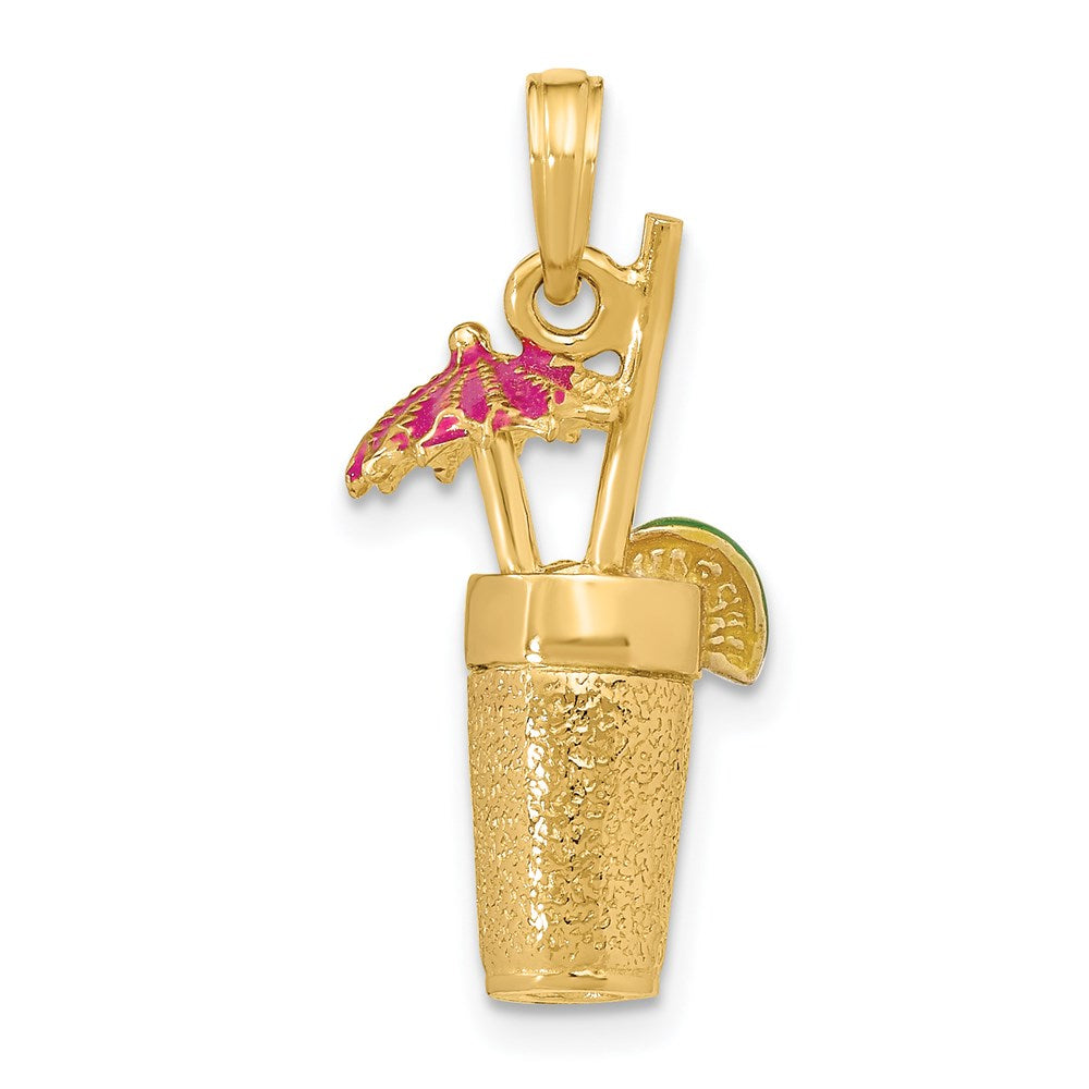14K Gelbgold 3-D-Cocktail-Charm mit Fuchsia-Email-Schirmchen und Limette
