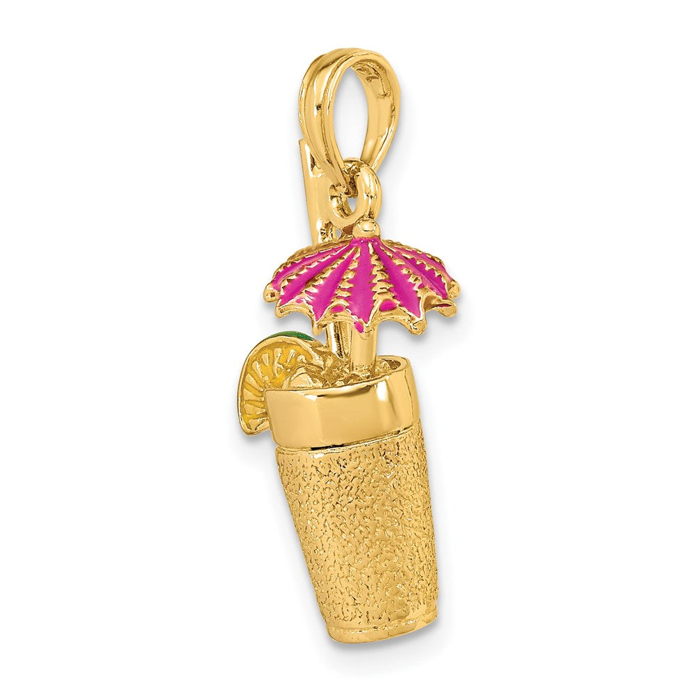 14K Gelbgold 3-D-Cocktail-Charm mit Fuchsia-Email-Schirmchen und Limette