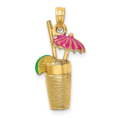 14K Gelbgold 3-D-Cocktail-Charm mit Fuchsia-Email-Schirmchen und Limette
