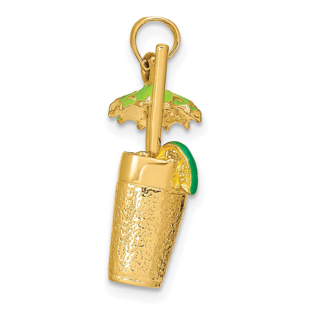 14K Gelbgold 3D-Cocktail-Charm mit grüner Emaille-Schirmchen und Limette
