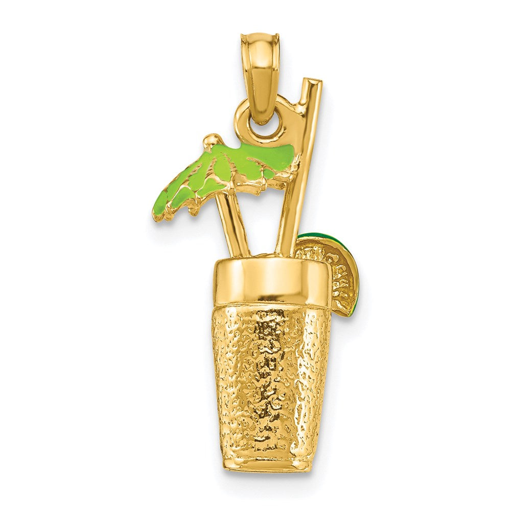 14K Gelbgold 3D-Cocktail-Charm mit grüner Emaille-Schirmchen und Limette