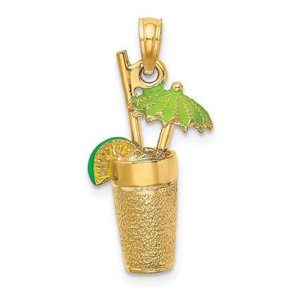 14K Gelbgold 3D-Cocktail-Charm mit grüner Emaille-Schirmchen und Limette