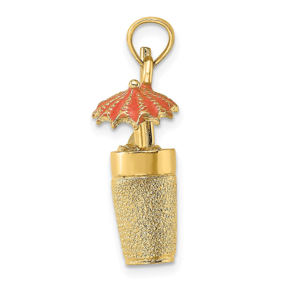 14 Karat Gelbgold 3D-Cocktail-Charm mit orangefarbenem Emaille-Schirmchen und Limette