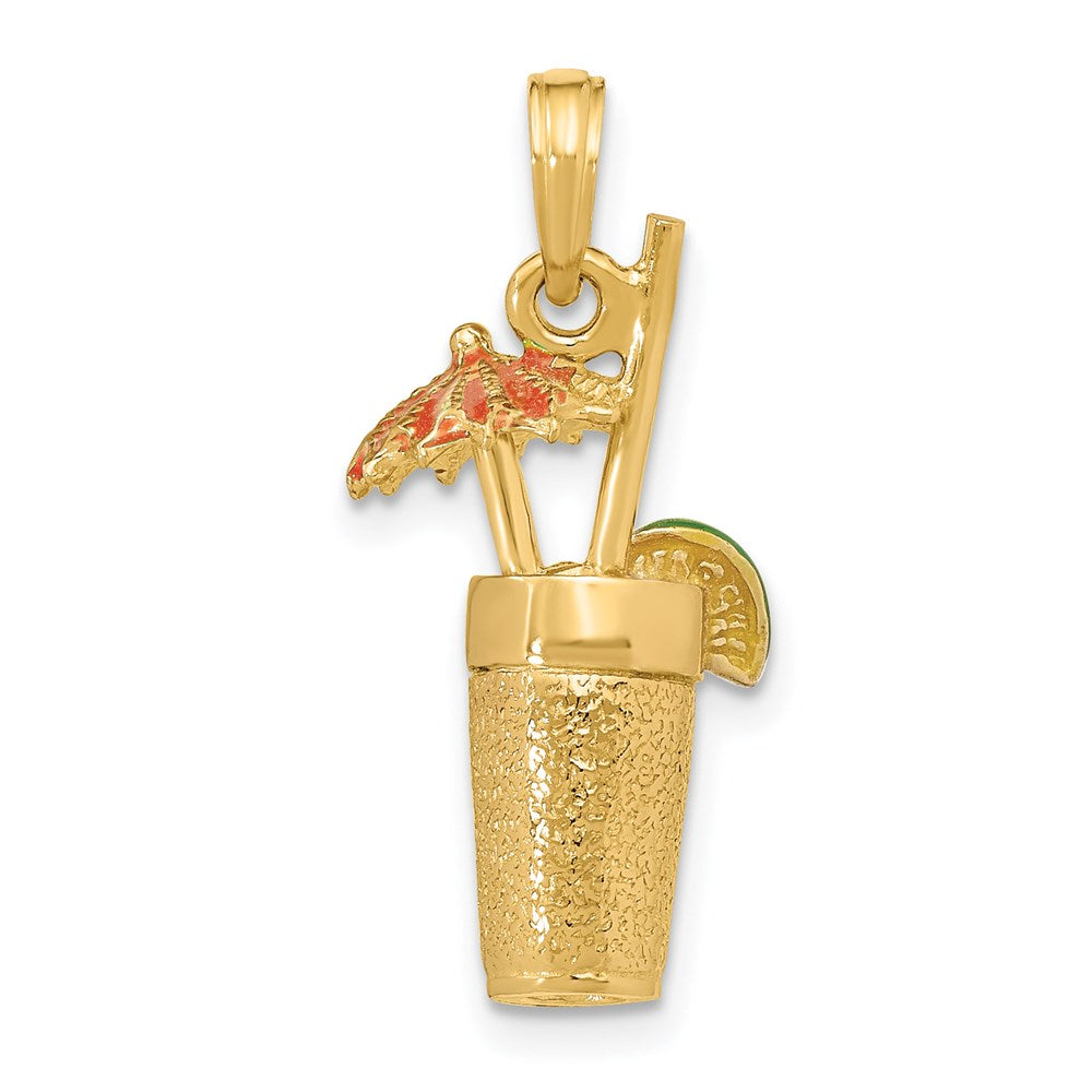 14 Karat Gelbgold 3D-Cocktail-Charm mit orangefarbenem Emaille-Schirmchen und Limette