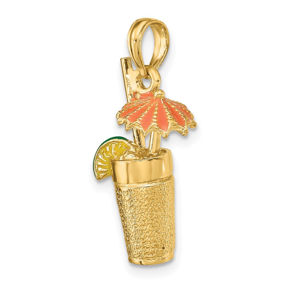 14 Karat Gelbgold 3D-Cocktail-Charm mit orangefarbenem Emaille-Schirmchen und Limette