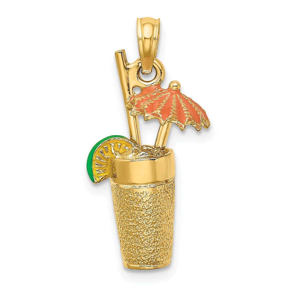 14 Karat Gelbgold 3D-Cocktail-Charm mit orangefarbenem Emaille-Schirmchen und Limette