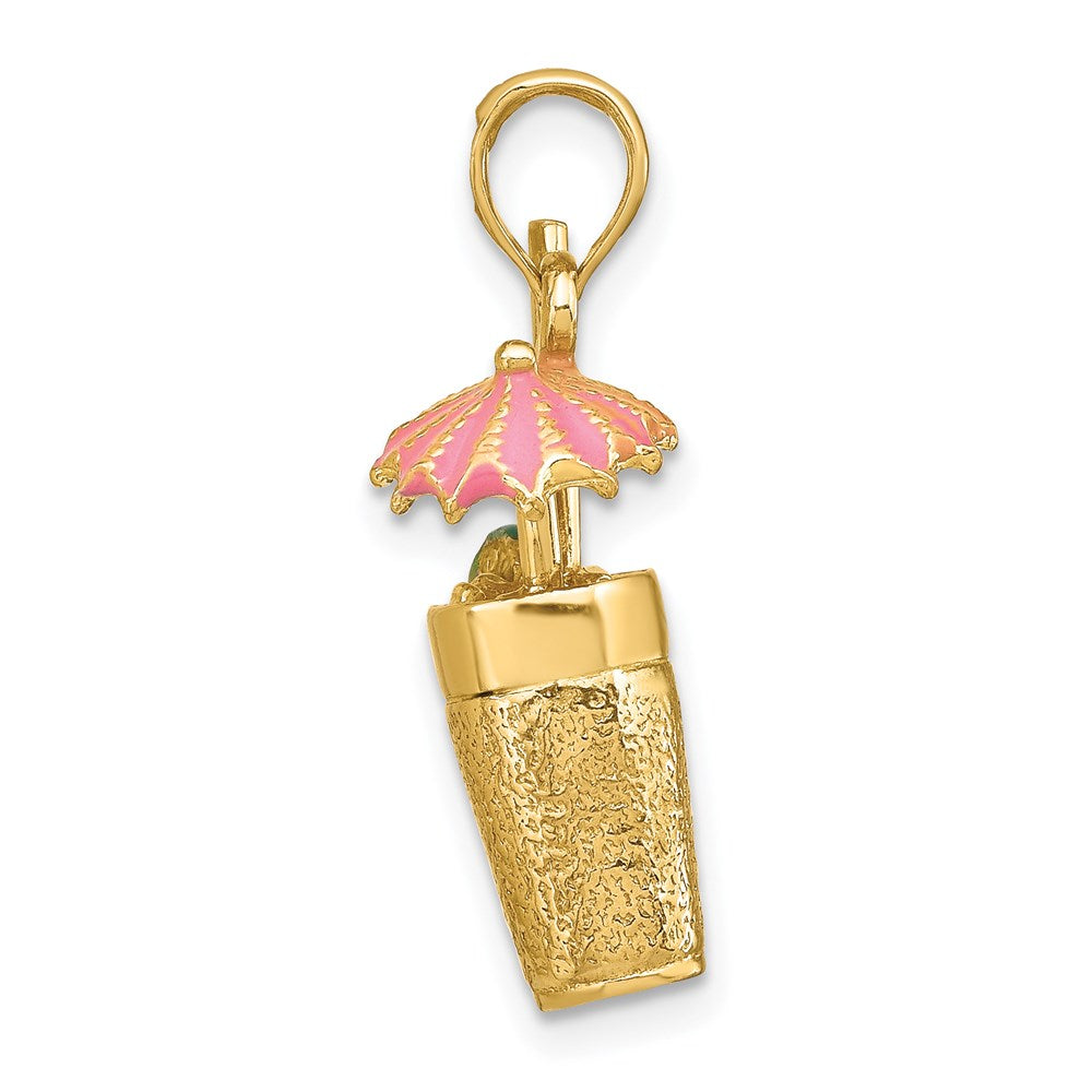 14 Karat Gelbgold 3-D Cocktail-Drink-Charm mit rosa Emaille-Schirmchen