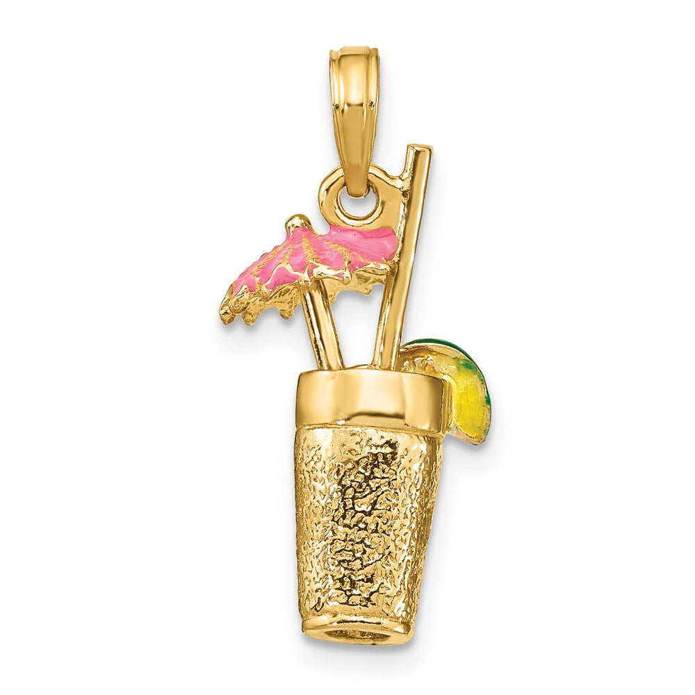 14 Karat Gelbgold 3-D Cocktail-Drink-Charm mit rosa Emaille-Schirmchen