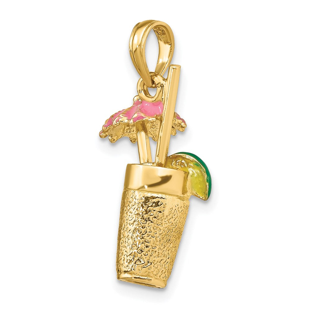 14 Karat Gelbgold 3-D Cocktail-Drink-Charm mit rosa Emaille-Schirmchen