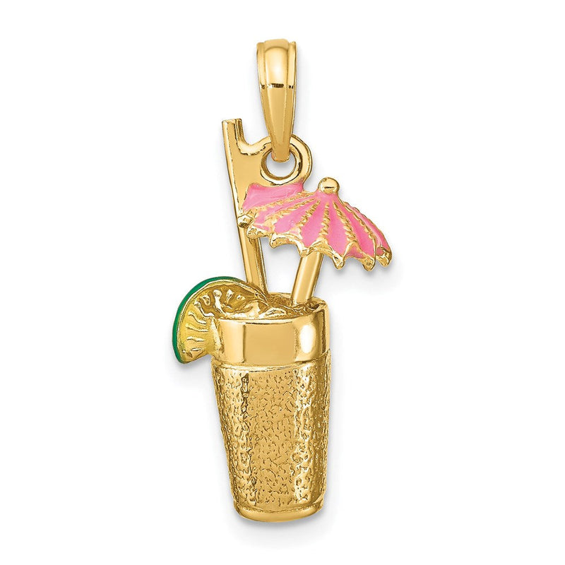 14 Karat Gelbgold 3-D Cocktail-Drink-Charm mit rosa Emaille-Schirmchen