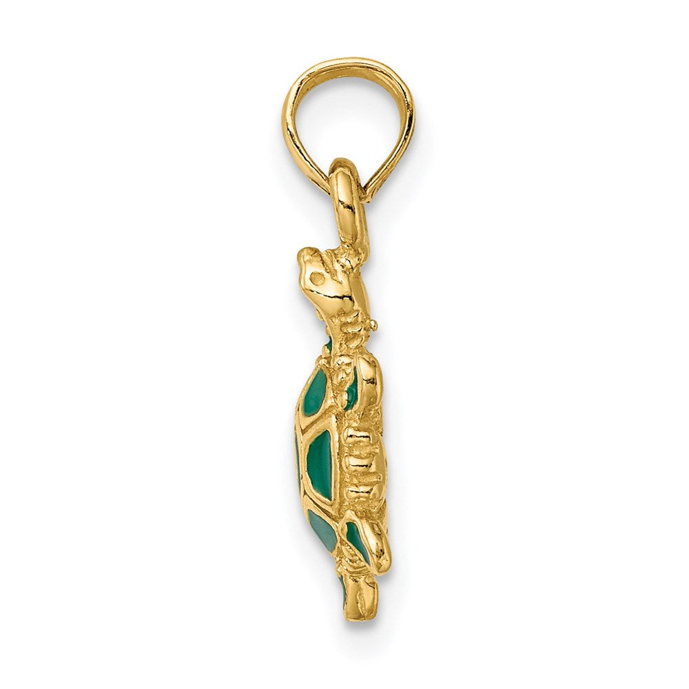 14 Karat Gelbgold Charm „3D-Landschildkröte" mit grüner Emaille