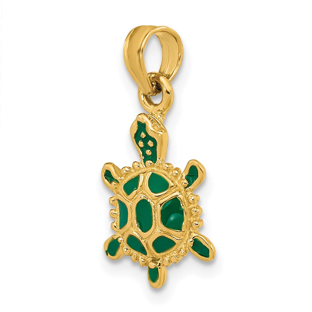 14 Karat Gelbgold Charm „3D-Landschildkröte" mit grüner Emaille
