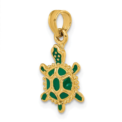 14 Karat Gelbgold Charm „3D-Landschildkröte" mit grüner Emaille