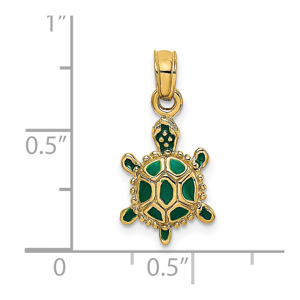 14 Karat Gelbgold Charm „3D-Landschildkröte" mit grüner Emaille