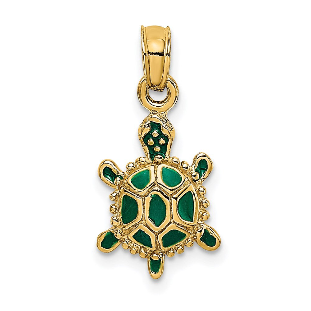 14 Karat Gelbgold Charm „3D-Landschildkröte" mit grüner Emaille