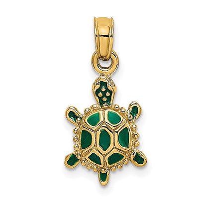 14 Karat Gelbgold Charm „3D-Landschildkröte" mit grüner Emaille