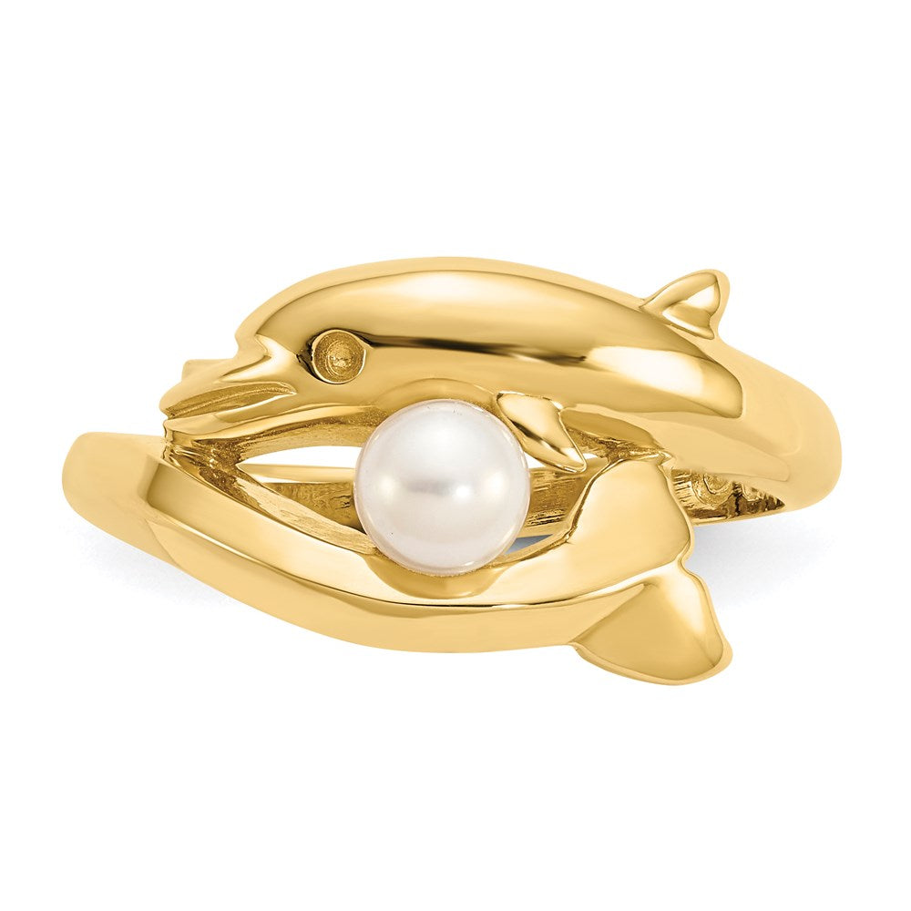 14K Gelbgold Ring poliert mit Delfin und FW-Zuchtperle