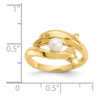 14K Gelbgold Ring poliert mit Delfin und FW-Zuchtperle
