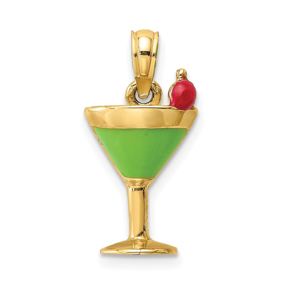 14K Gelbgold Charm "Martini mit Kirsche", grün emailliert